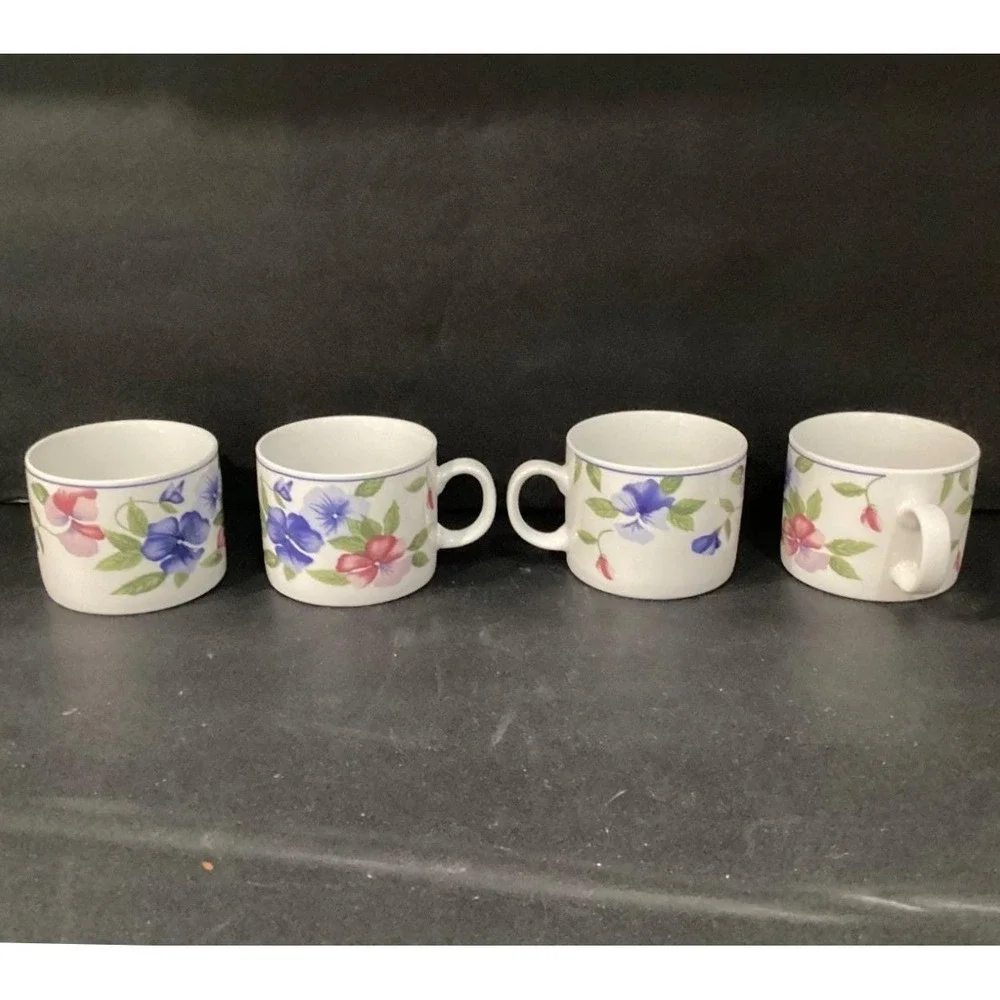 Oneida Majesticware Freesia Coffee Cups, Set of 4, Vintage Floral Stoneware Mugs
